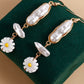 White Faux Baroque Pearl Daisy Plated Dangle Earrings