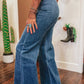 Sail Blue High Waist Button Fly Seamed Raw Hem Flare Jeans