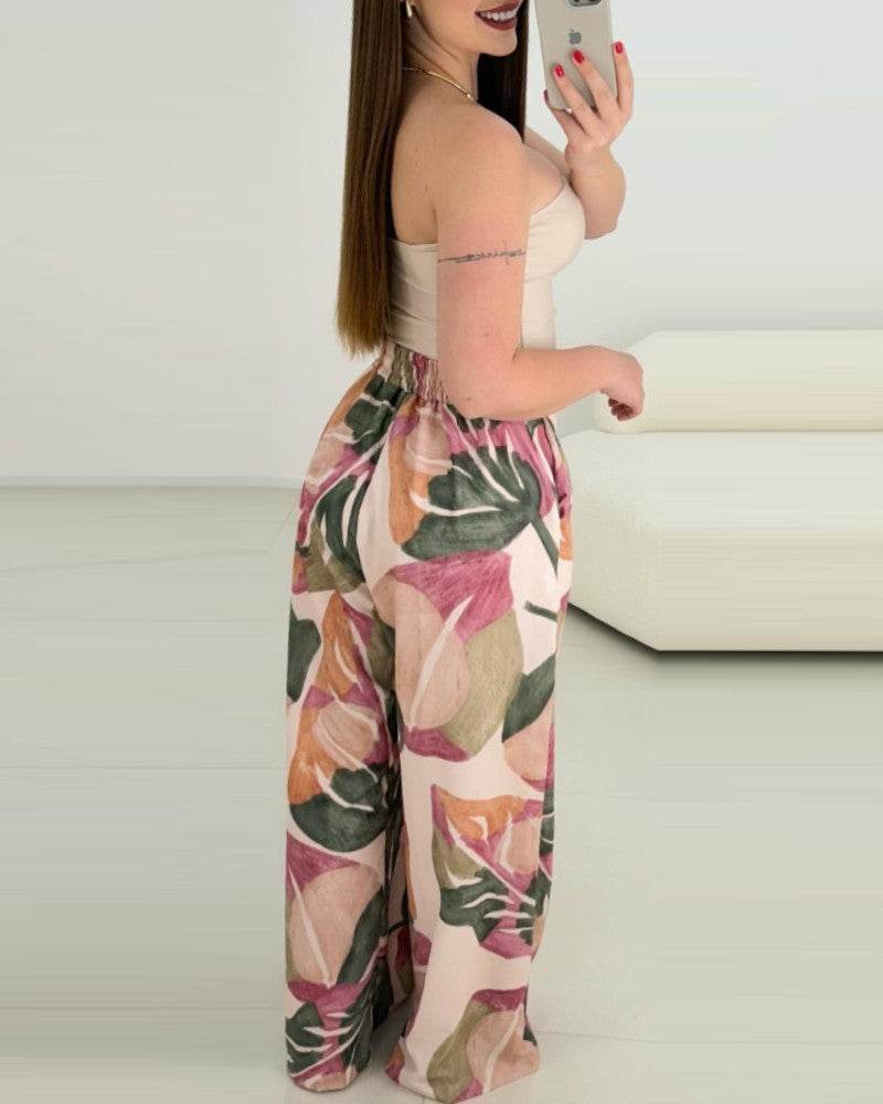 Floral Print Pocket Design Wide Leg Pants Casual Strechy Waist Pants