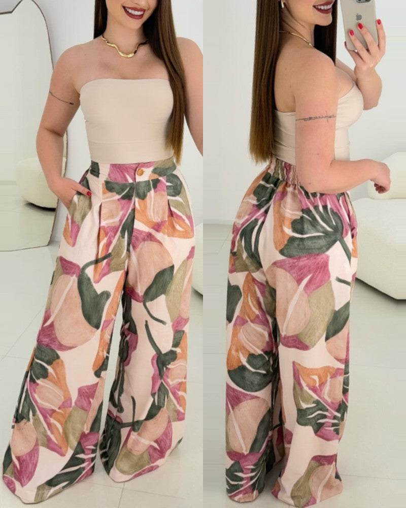 Floral Print Pocket Design Wide Leg Pants Casual Strechy Waist Pants