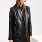 Black Quilted Detail Zip Leatherette Moto Jacket