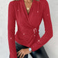 Rhinestone V Neck Skinny Sweater Front Buckle Ruched Casual Top