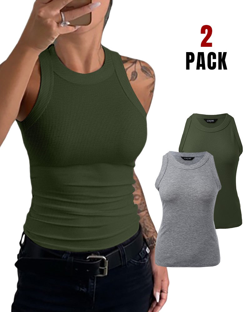 2 Pack Round Neck Thick Strap Racerback Ribbed Tank Slim Fit Tops without Bra Pads