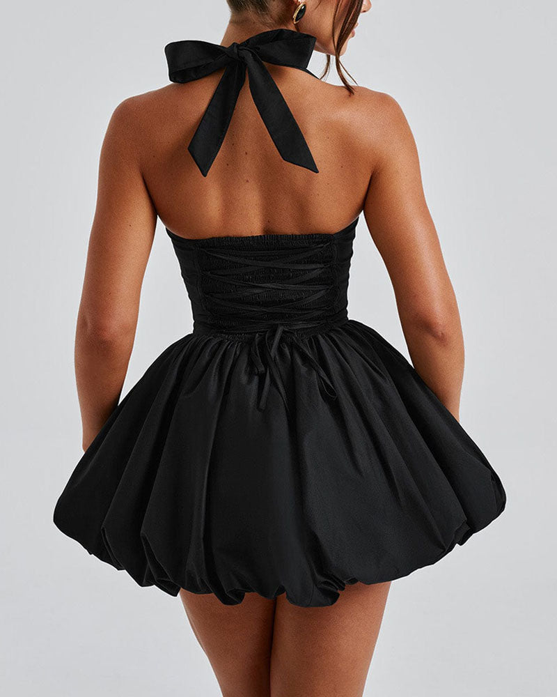 Halter Sleeveless Lace up Bowknot Backless A Line Dress Sexy Mini Dress