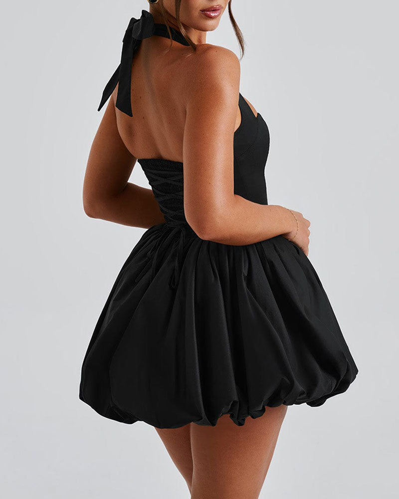 Halter Sleeveless Lace up Bowknot Backless A Line Dress Sexy Mini Dress