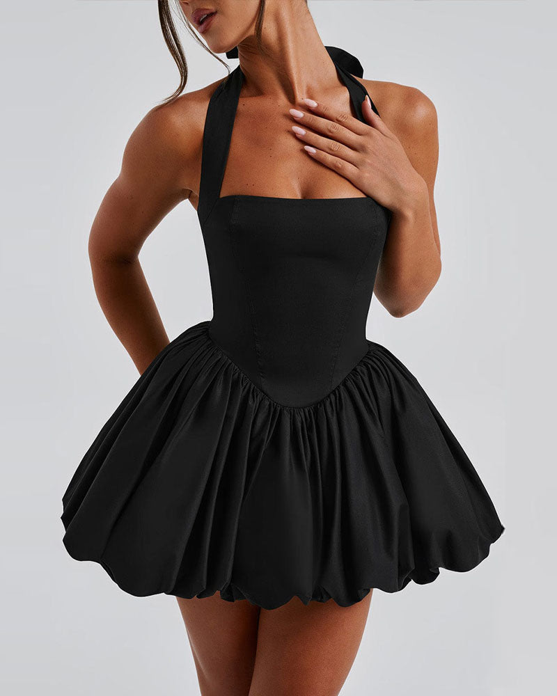 Halter Sleeveless Lace up Bowknot Backless A Line Dress Sexy Mini Dress