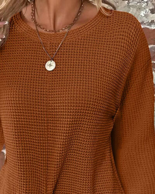 Crewneck Long Sleeve Top Twisted Front Casual Loose Blouse Tee