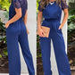 Contrast Lace Round Neck Short Sleeve Jumpsuit Casual Strechy Waist Pocket Design Romper