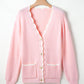 Pink Ribbed Knit Scalloped Edge Side Pockets Buttoned Cardigan