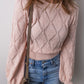 Gossamer Pink Openwork Plaid Puff Sleeve Cropped Sweater