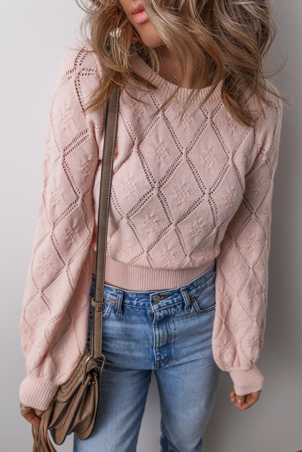 Gossamer Pink Openwork Plaid Puff Sleeve Cropped Sweater