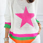 White Star Pattern Colorblock Striped Edge Drop Shoulder Sweater