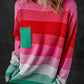 Rose Striped Knit Patch Pocket Drop Shoulder Sweater