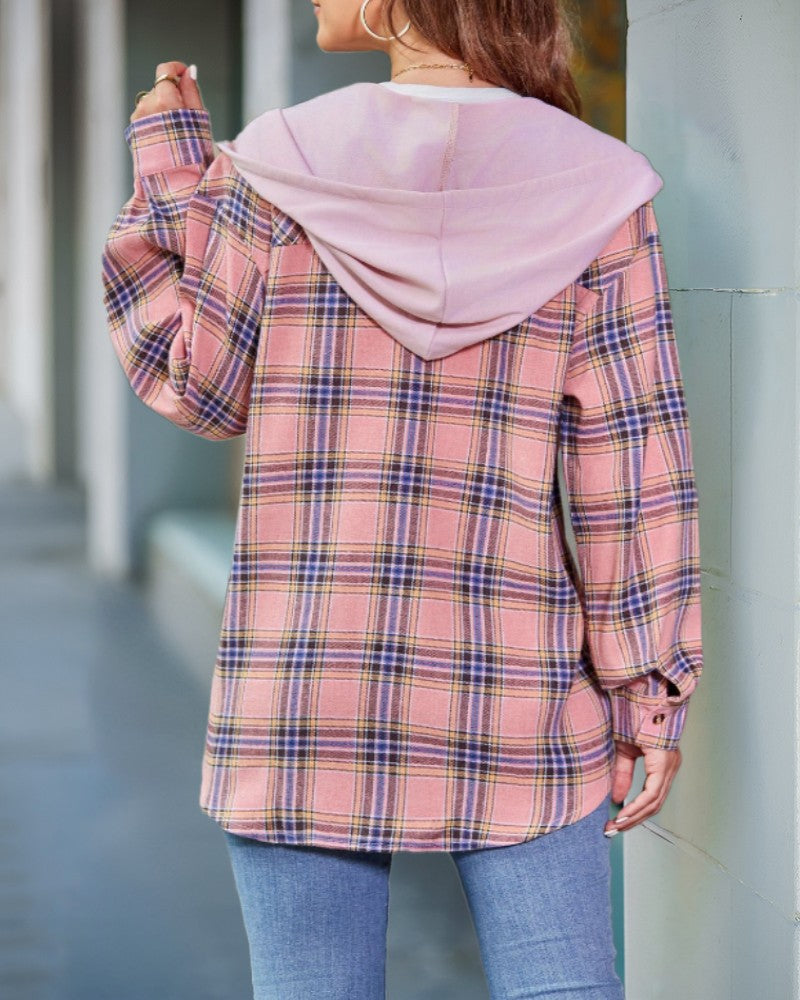 Plaid Pattern Pocket Design Button Down Hooded Shacket