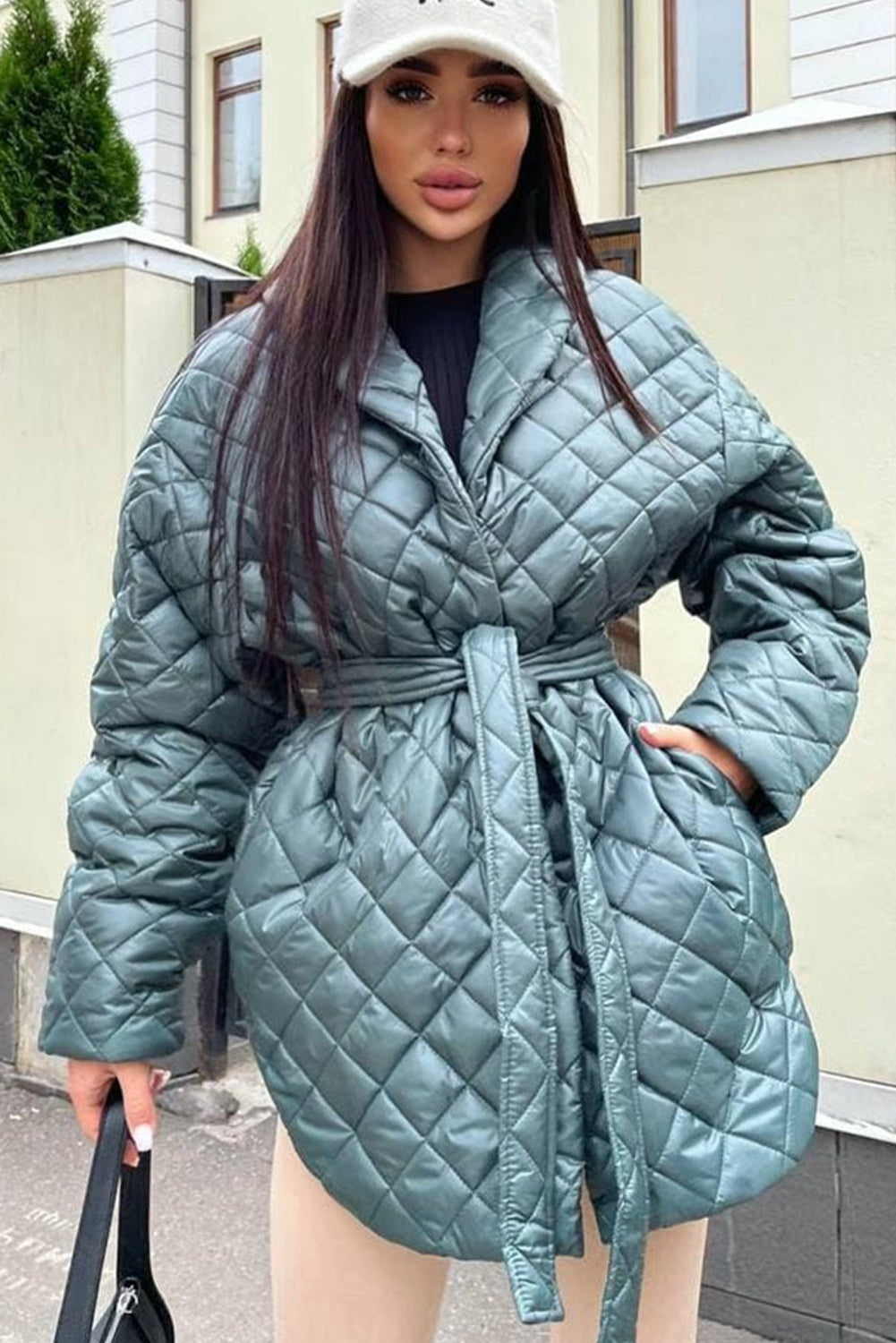 Canton Lapel Collar Belted Quilted Long Puffer Coat