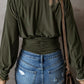 Moss Green Ruched Wrap V Neck Long Sleeve Bodysuit