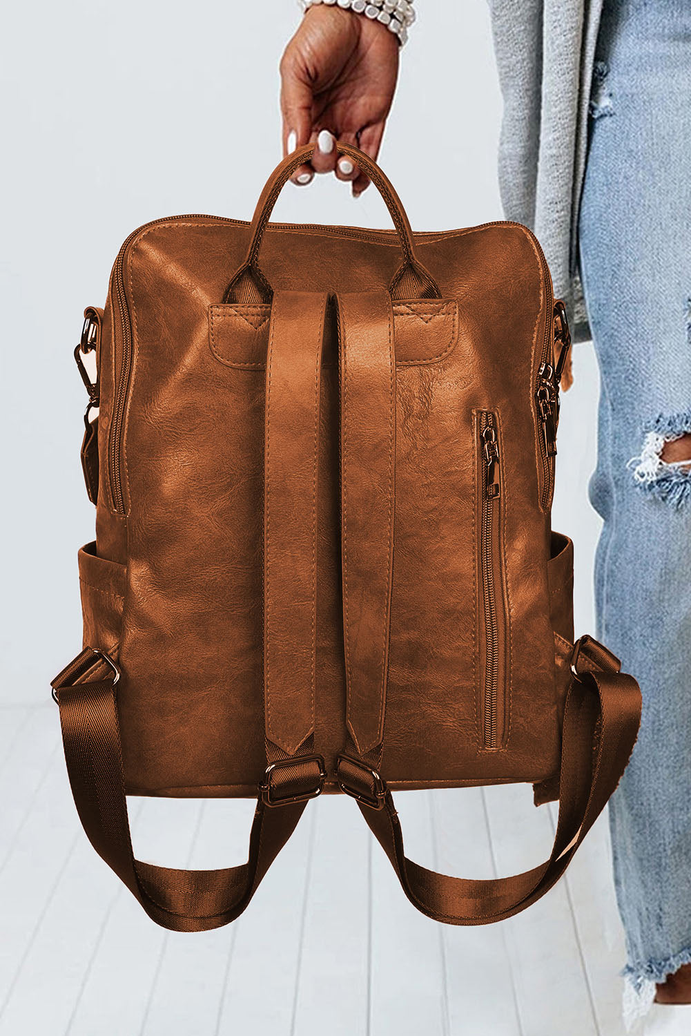 Brown Tassel Decor Retro PU Large Capacity Backpack