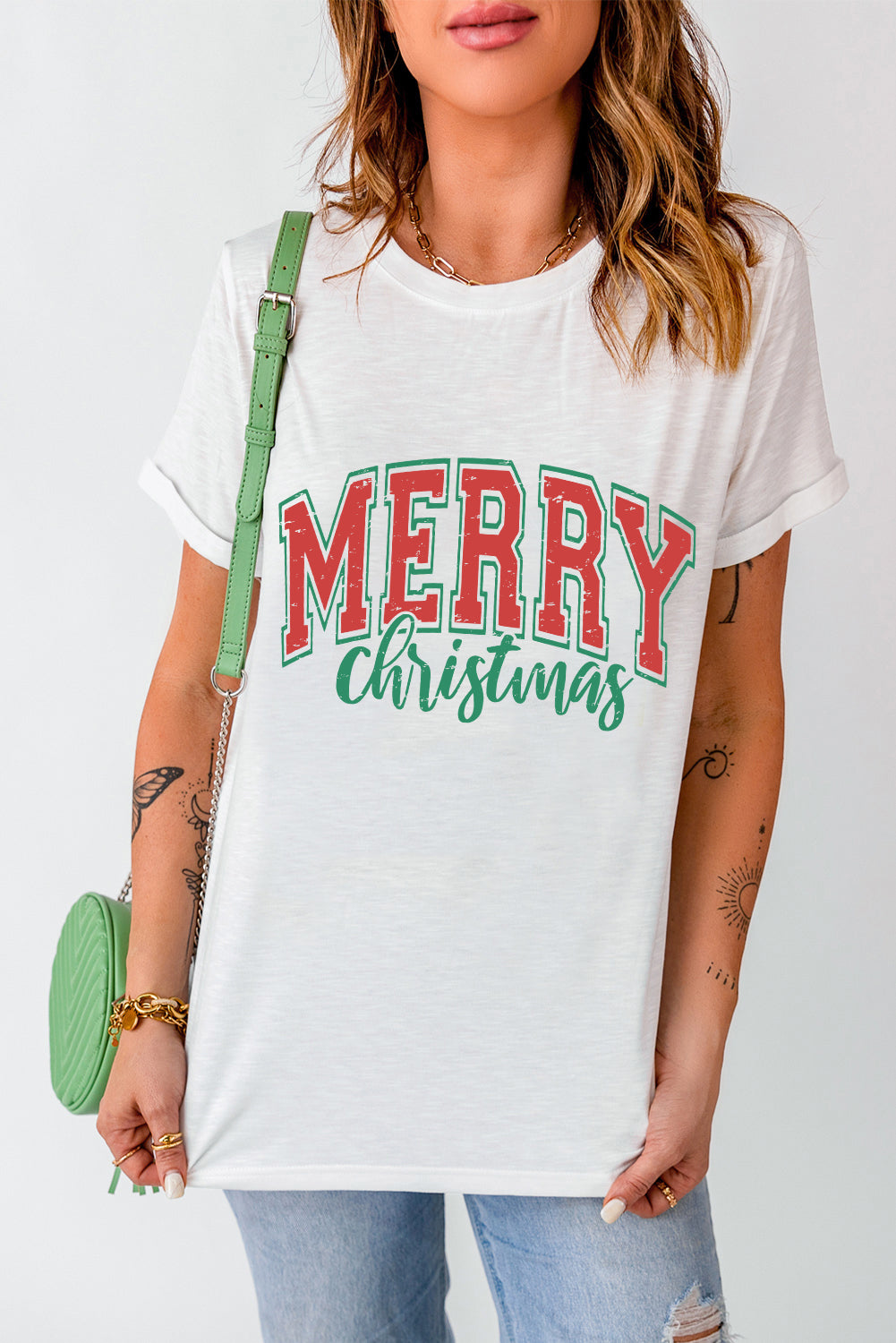 White MERRY Christmas Graphic Round Neck T Shirt