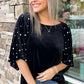 Black Pearl Beaded Half Sleeve Velvet Top