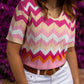 Pink Stripe Chevron Pointelle Knit V Neck Short Sleeve Sweater