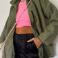 Jungle Green Sherpa Stand Neck Patched Pocket Zip Up Jacket