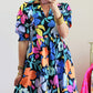 Blue Collared Split Neck Floral Flared Dress