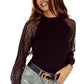 Black Striped Mesh Long Sleeve Crewneck Ribbed Top