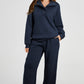 Navy Blue Solid Color Collared Sweatshirt and High Waist Pants Set