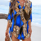 Leopard Colorblock V Neck Roll Up Sleeve Hollow out Drawstring Mini Dress Cover ups