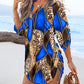 Leopard Colorblock V Neck Roll Up Sleeve Hollow out Drawstring Mini Dress Cover ups