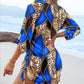 Leopard Colorblock V Neck Roll Up Sleeve Hollow out Drawstring Mini Dress Cover ups