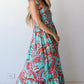 Green Abstract Print Smocked Bodice Knotted Straps Ruffled Maxi Dress