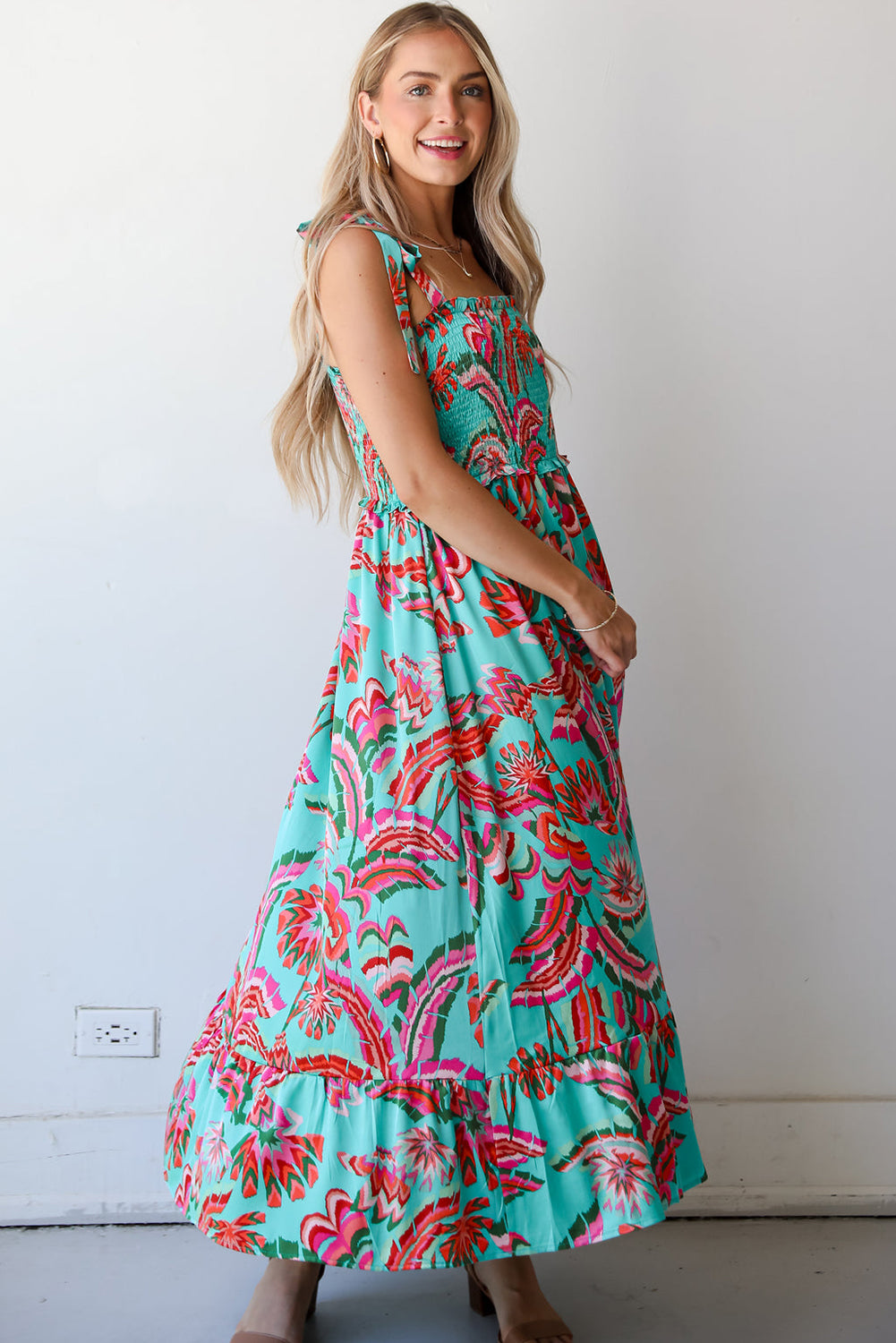 Green Abstract Print Smocked Bodice Knotted Straps Ruffled Maxi Dress