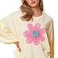 Beige Tinsel Flower Dropped Puff Sleeve Sweatshirt