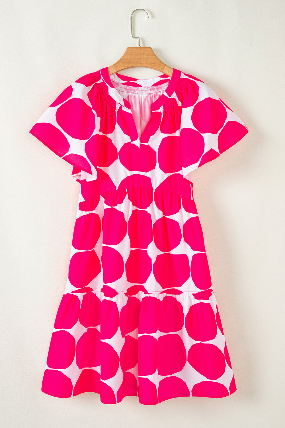 Rose Polka Dot Flutter Sleeve Notched Neck Tiered Flowy Dress