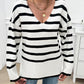 Striped V Neck Long Sleeve Side Slit Knit Sweater