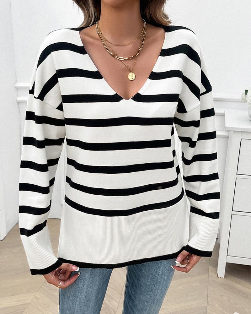 Striped V Neck Long Sleeve Side Slit Knit Sweater