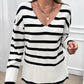 Striped V Neck Long Sleeve Side Slit Knit Sweater