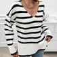 Striped V Neck Long Sleeve Side Slit Knit Sweater