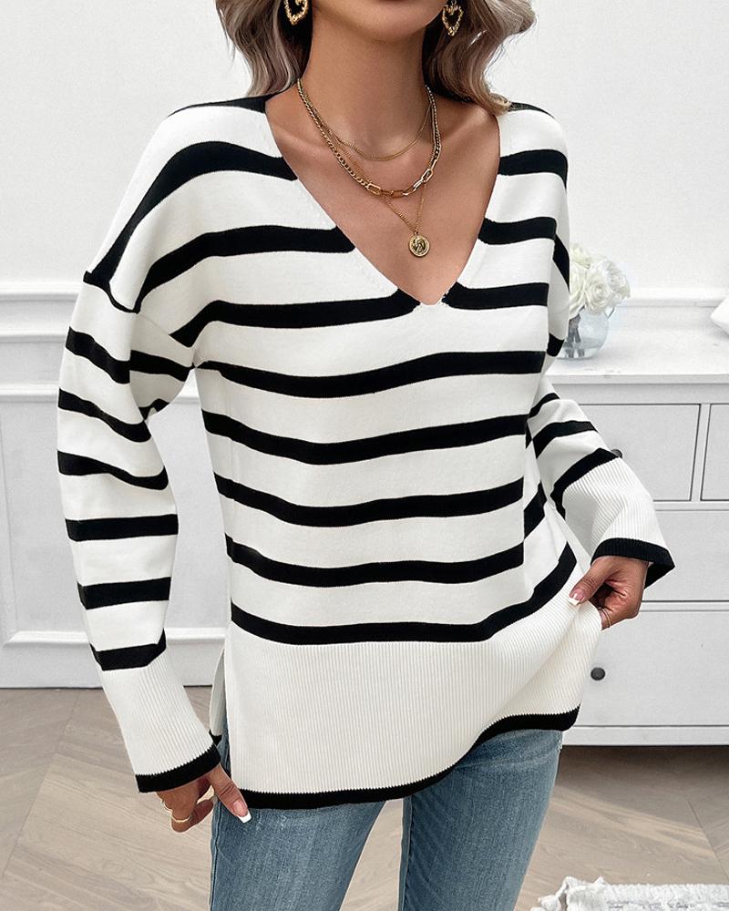 Striped V Neck Long Sleeve Side Slit Knit Sweater