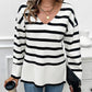 Striped V Neck Long Sleeve Side Slit Knit Sweater