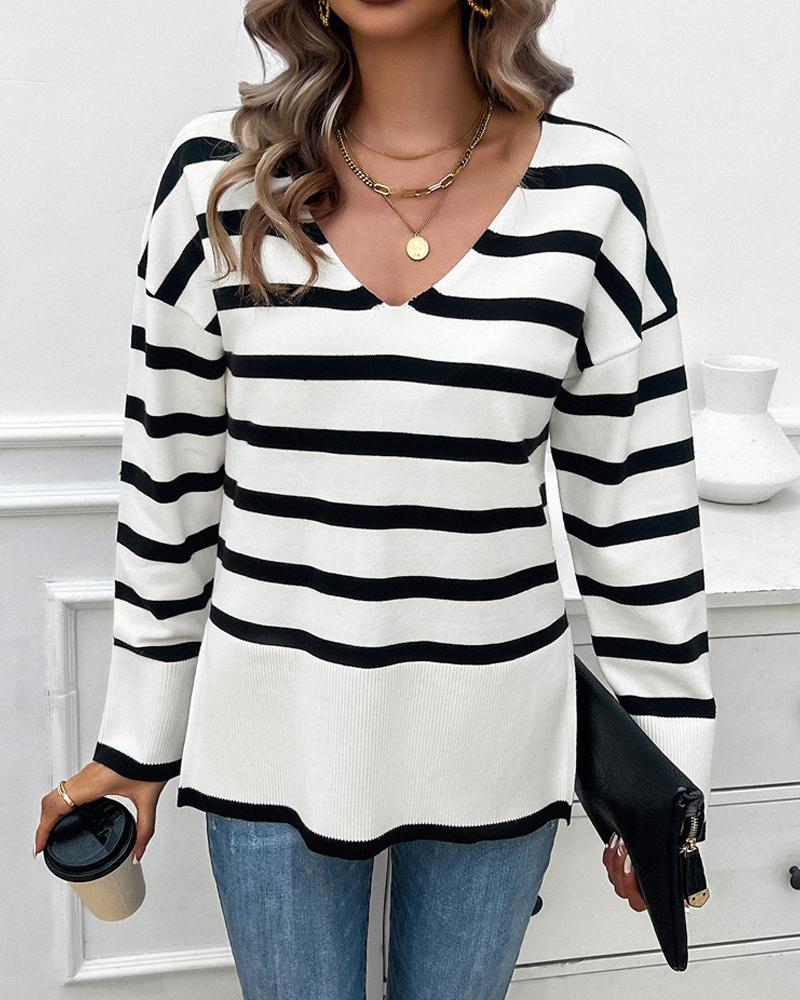 Striped V Neck Long Sleeve Side Slit Knit Sweater