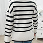 Striped V Neck Long Sleeve Side Slit Knit Sweater