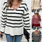 Striped V Neck Long Sleeve Side Slit Knit Sweater