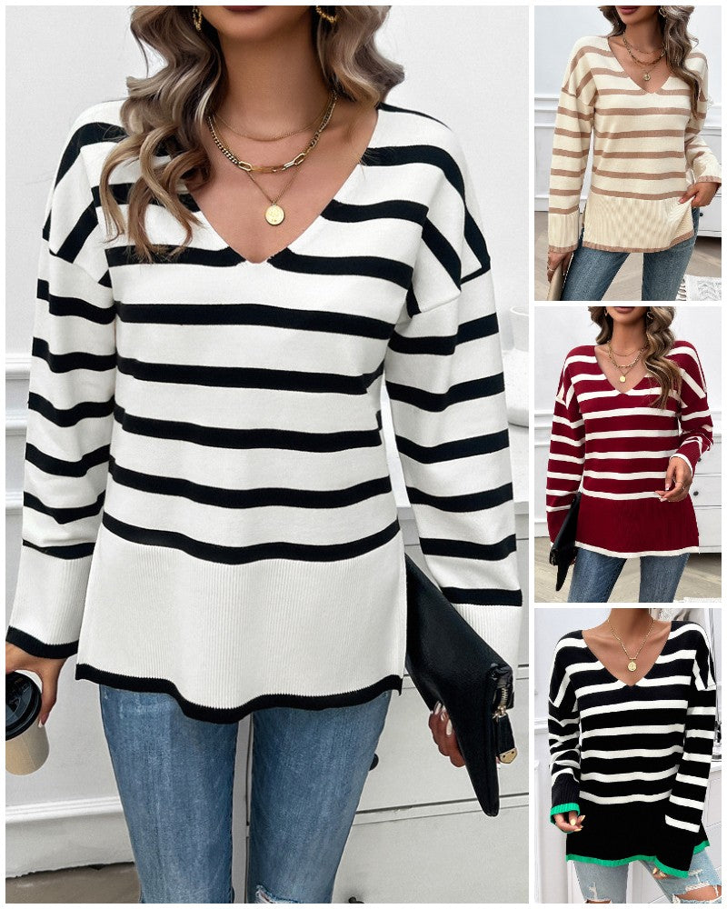 Striped V Neck Long Sleeve Side Slit Knit Sweater