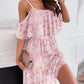 Glitter Lurex Floral Print Cold Shoulder Spaghetti Strap Ruffles Layered Dress Sweet Dress