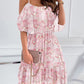 Glitter Lurex Floral Print Cold Shoulder Spaghetti Strap Ruffles Layered Dress Sweet Dress