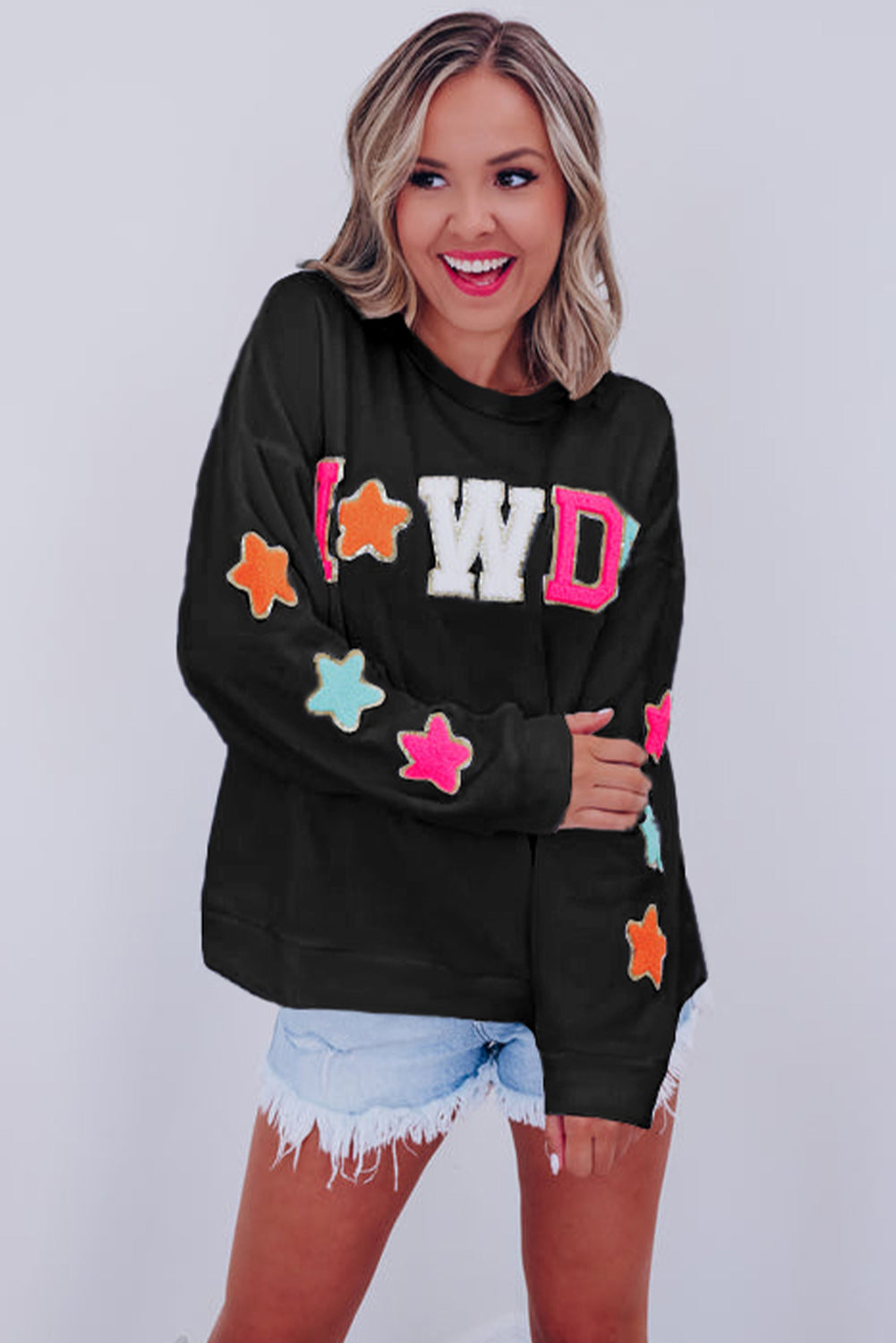 Black Glitter Howdy Patch Graphic Casual Sweatshirt