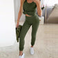 3PCS/Set Ribbed Tank Top & Skinny Pants With Skew Neck Drawstring Hem Top