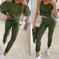 3PCS/Set Ribbed Tank Top & Skinny Pants With Skew Neck Drawstring Hem Top